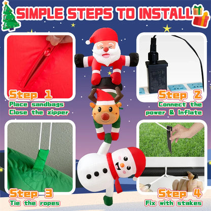 2.4M Inflatable Christmas Climbing Santa Claus – With Reindeer & Snowman, Built-in LED for Outdoor Roof, Tree, and Yard Party Decor