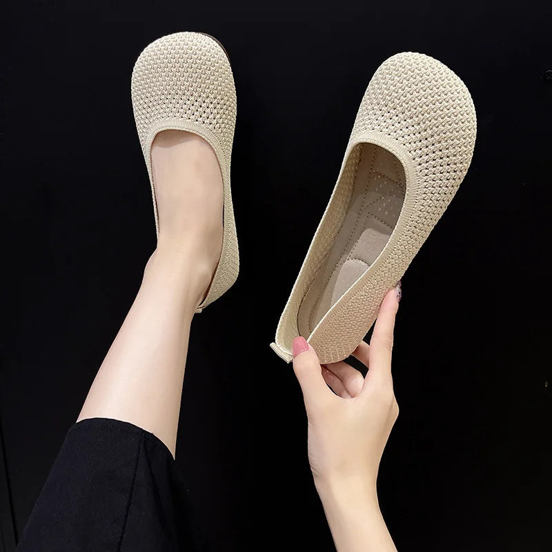 Big Size 42 Women’s Knitted Breathable Flats – Soft Bottom Casual Slip-On Ballet Loafers and Boat Shoes