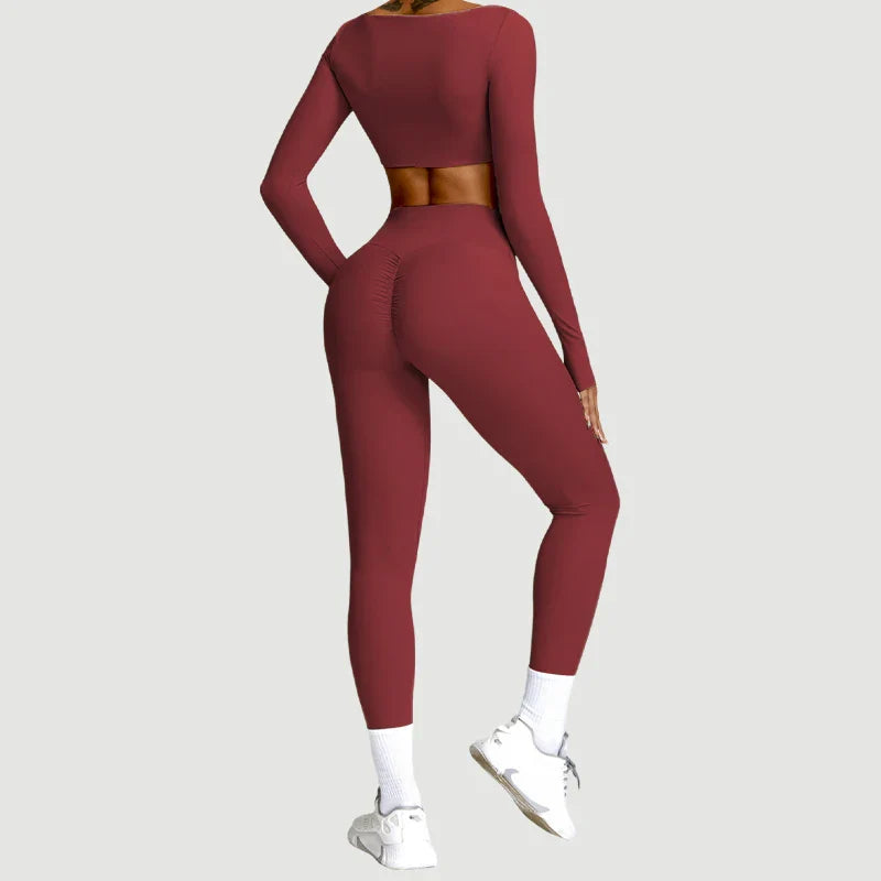 Hearuisavy 2PCS Long Sleeve Gym Set for Women, Quick-Drying Yoga Clothes, Sportswear, Running Leggings, Workout Sports Crop Top