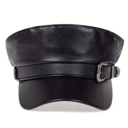 Fashion Women’s & Men’s Leather Sailor Hat – Large Belt Buckle Beret, Flat Top Captain Military Cap for Spring & Autumn