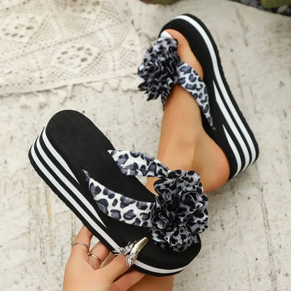 Women’s Leopard Floral Wedge Sandals - Soft Comfortable Summer Beach Slippers
