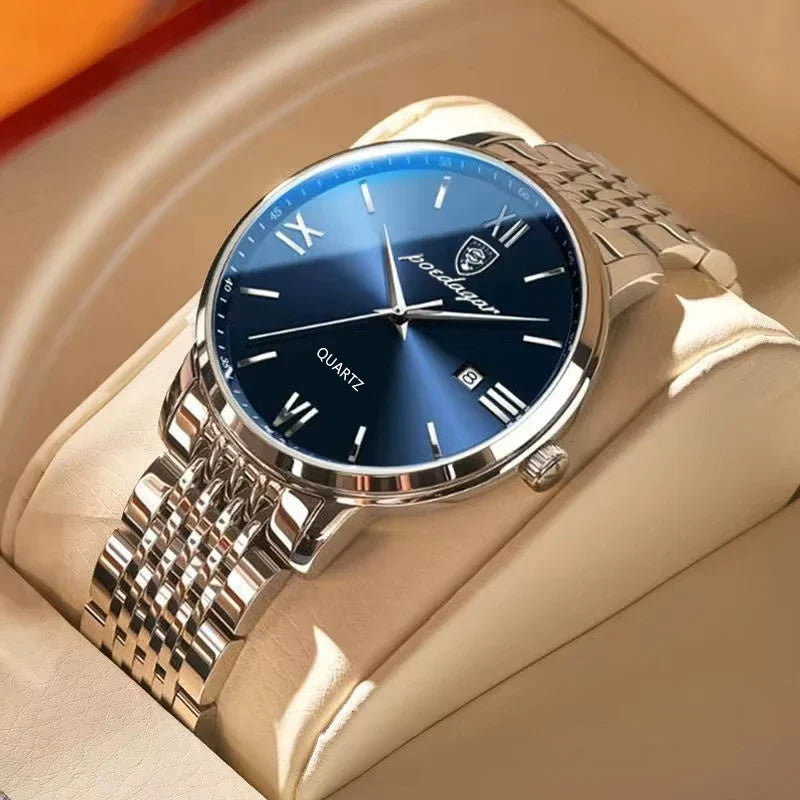 POEDAGAR Luxury Men's Sports Watch — Waterproof Luminous Stainless Steel Quartz Wristwatch with Date
