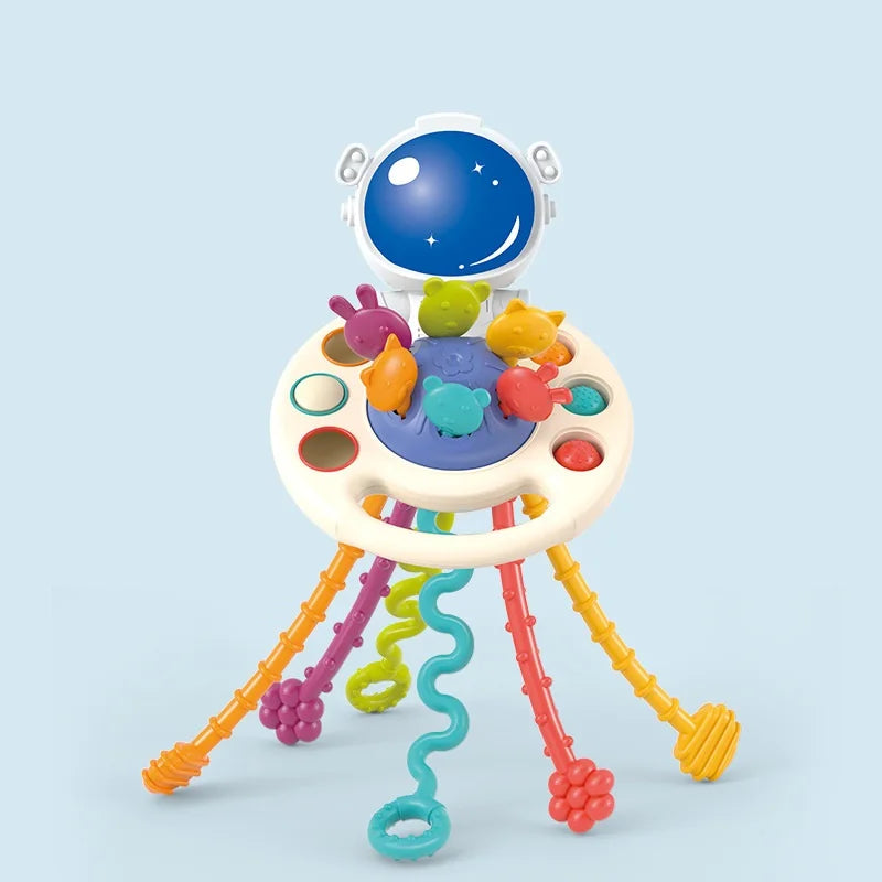 Baby Pull String Sensory Toy - Silicone Teething Rattle Montessori Learning Toy for 6-12 Months