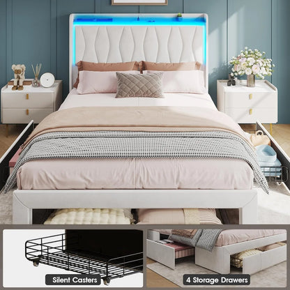 Queen Size Upholstered Platform Bed Frame with LED Lights, 3 Storage Drawers & USB Charging Station – Velvet Finish