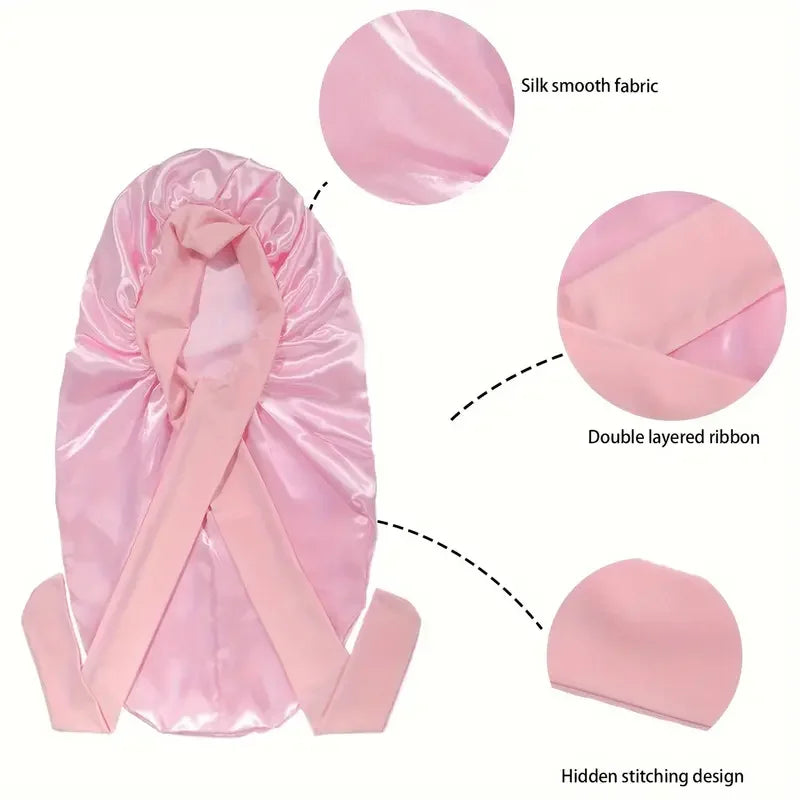 Bowknot Braid Bonnet - Unscented Satin Sleep Cap with Elastic Band and Long Tie, Breathable Night Hair Bonnet for Women