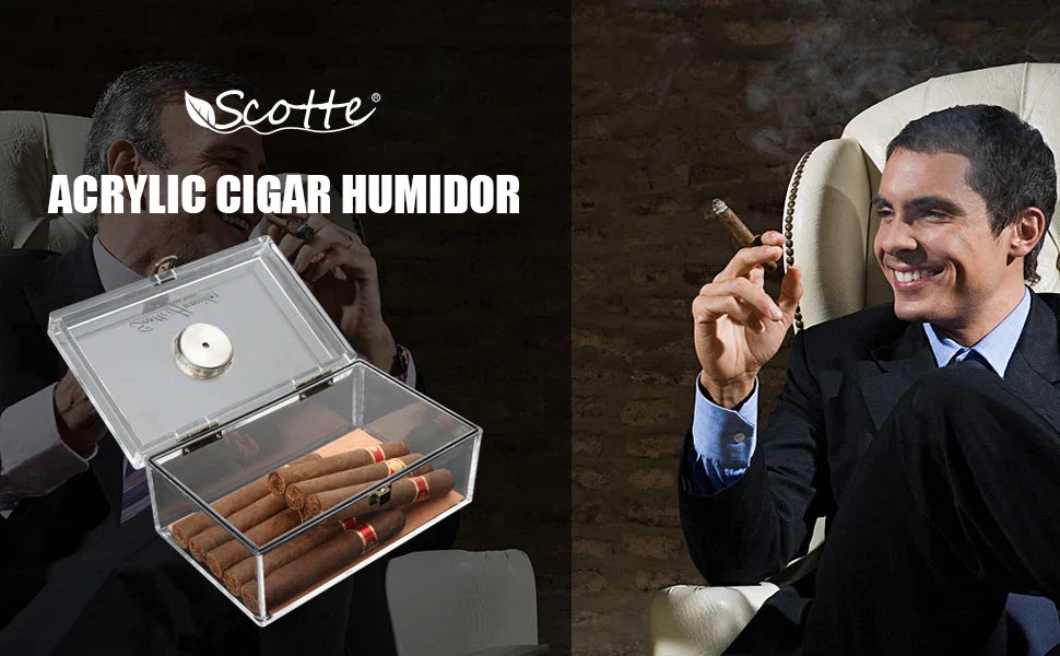 Scotte Acrylic Cigar Case Humidor – Holds 20 Cigars, Includes Hygrometer, Humidifier, Cigar Cutters, Punch & Accessories