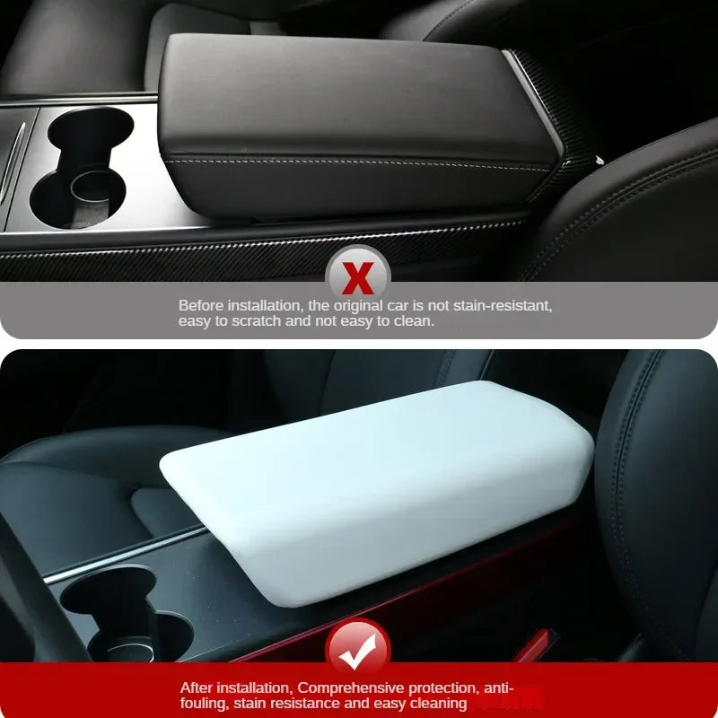 Tesla Model 3/Y 2023-2024 Armrest Protector Box Cover – Soft White TPE Center Console Pad for Model 3 Highland
