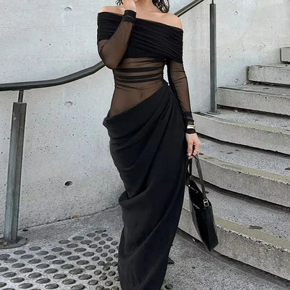 Tuularose Sexy Mesh Hollow Long Dress - One Shoulder Long Sleeve Patchwork Resort Gown for Summer Party & Evening Wear
