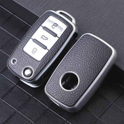 TPU Leather Car Key Case - Compatible with Volkswagen VW Bora, Polo, Tiguan, Jetta, Passat B5 B6 B7, Golf 5 6, Beetle, Skoda Octavia