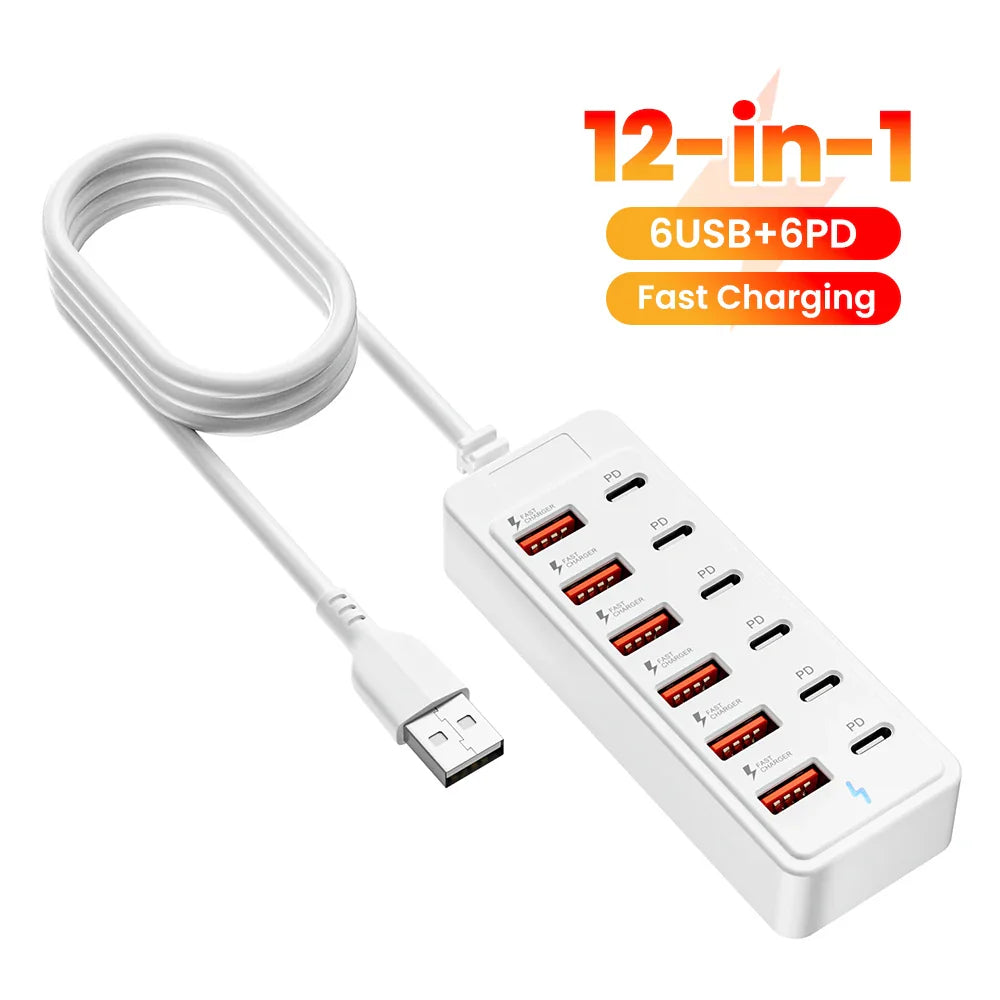 12-in-1 Power Strip & USB Charger Station — Multi-Port Wall/Desktop Adapter with USB-C Fast Charging for iPhone & Samsung