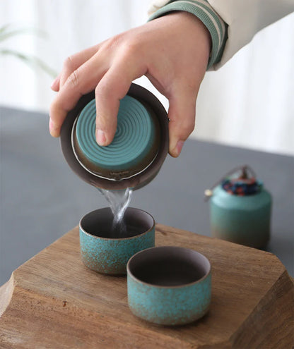 Kiln-Change Vintage Spring Green Pottery Tea Set – 1 Pot & 4 Cups, Simple Small Set for Outdoor or Tea Room