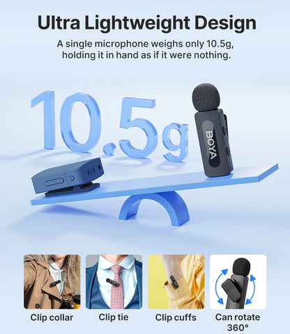 BOYA BY-V3 Wireless Lavalier Lapel Microphone – Noise-Cancelling Rechargeable Mic for iPhone, Android, Camera & Vlogging