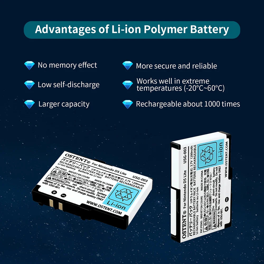 OSTENT 10PCS Rechargeable Battery Pack — 1000mAh/1200mAh 3.7V Replacement for Nintendo DS Lite NDSL
