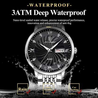 POEDAGAR Luxury Men's Watch — Waterproof Luminous Quartz Wristwatch with Date & Week, Stainless Steel Sports Fashion