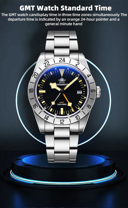 ADDIESDIVE GMT Men’s Diver Watch – 39mm Stainless Steel, Luminous Calendar Display, 20ATM Quartz Reloj Hombre