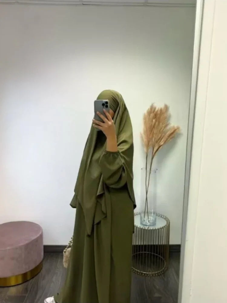Women’s Eid 2023 2-Piece Khimar & Abaya Set – Long Islamic Prayer Dress Full Cover Hijab Ramadan Kaftan Djellaba