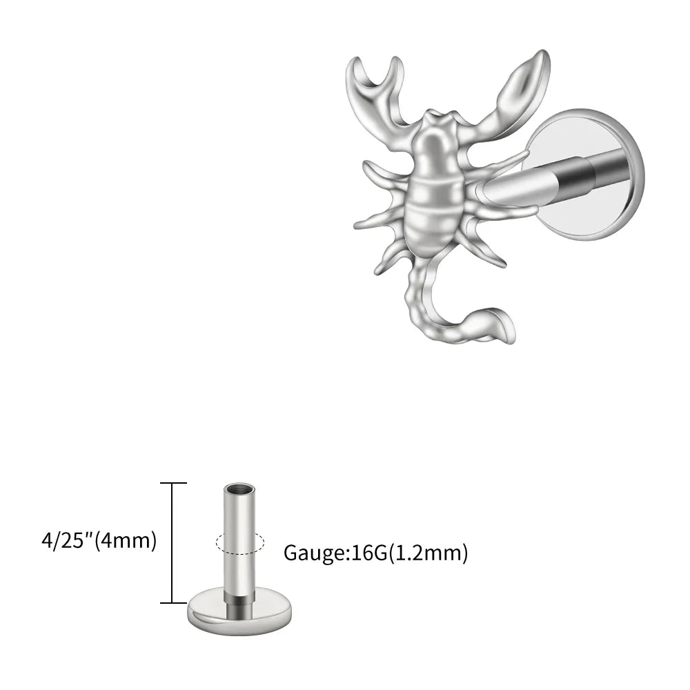Right Grand ASTM F136 Titanium 16G Scorpion Labret Stud Earring – Flatback Zodiac Design for Tragus, Helix & Cartilage Piercing Body Jewelry