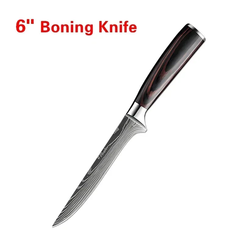 Laser Damascus Kitchen Knife Set – Cleaver, Meat, Fruit, Bread, Boning Knife and Chicken Scissors for Barbecue and Home Cooking