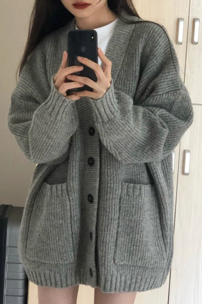 Autumn Winter Women’s Cardigan Sweater Coat – Fashion Long Sleeve V-Neck, Loose Fit Knitted Jacket, Casual Sweater Cardigan