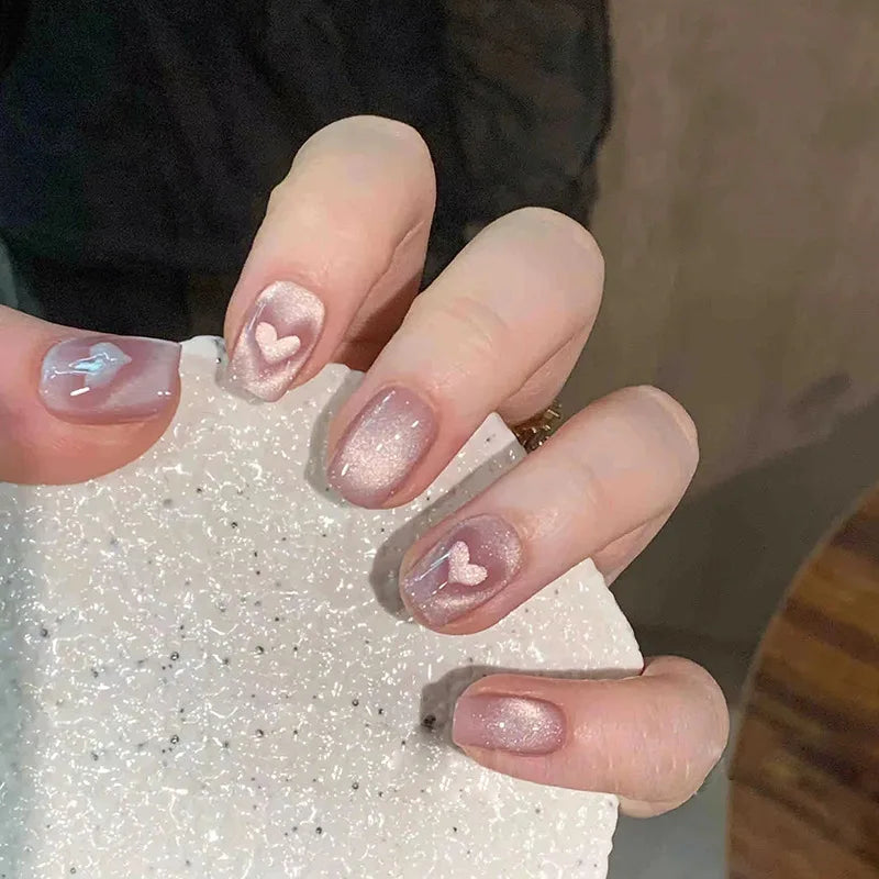 24PCS Short Square Coffin False Nails – French Glitter Acrylic Press-On Nail Tips with Glue, Wearable Fake Nails Set