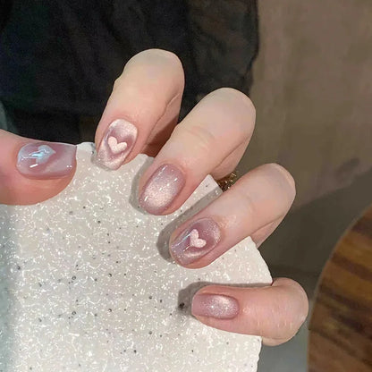 24PCS Short Square Coffin False Nails – French Glitter Acrylic Press-On Nail Tips with Glue, Wearable Fake Nails Set