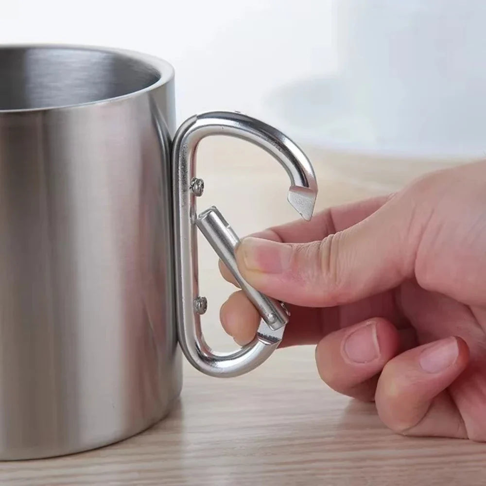 Stainless Steel Camping Mug with Carabiner Handle – Portable Outdoor Travel Water Cup for Hiking, Picnic & Adventure Use