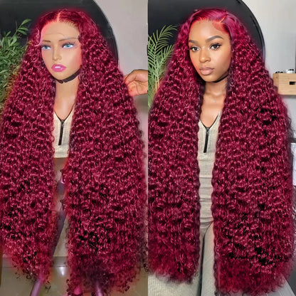 Deep Wave 99J Burgundy Lace Front Wig – 13x6 Lace Frontal Human Hair Wig, 13x4 Transparent Brazilian Colored Water Wave Wig