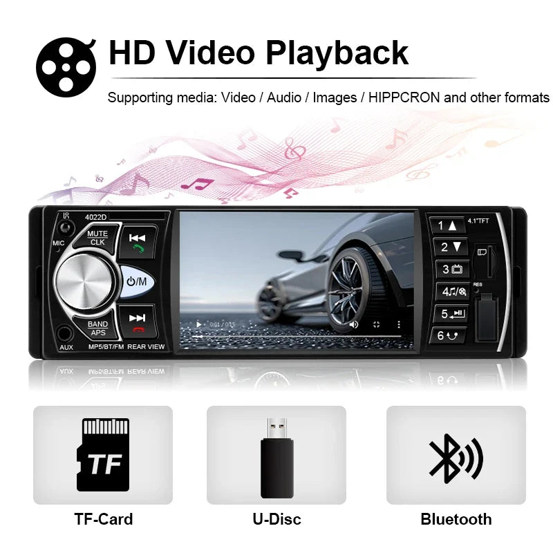 HIPPCRON 1DIN Car Stereo Radio 4.1 Inch MP5 Player - Bluetooth 5.0 FM USB Multimedia Player with Rear View & Steering Wheel Control