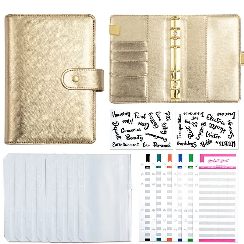 A6 Gold Ring Budget Planner Binder – Gold, Purple & Black with Zipper Cash Envelopes for Money Organization
