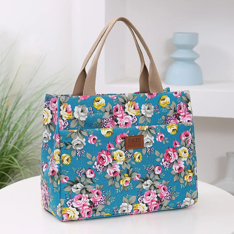 Women’s Floral Print Canvas Tote Bag – Portable Lunch Bag Casual Handbag Bento Mommy Bag for Picnic & Travel