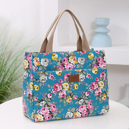 Women’s Floral Print Canvas Tote Bag – Portable Lunch Bag Casual Handbag Bento Mommy Bag for Picnic & Travel