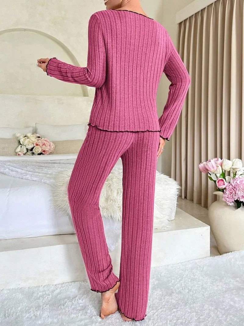 Women’s Autumn & Winter Ribbed Pajama Set – Long-Sleeve Top and Pants, 2-Piece Casual Homewear Loungewear