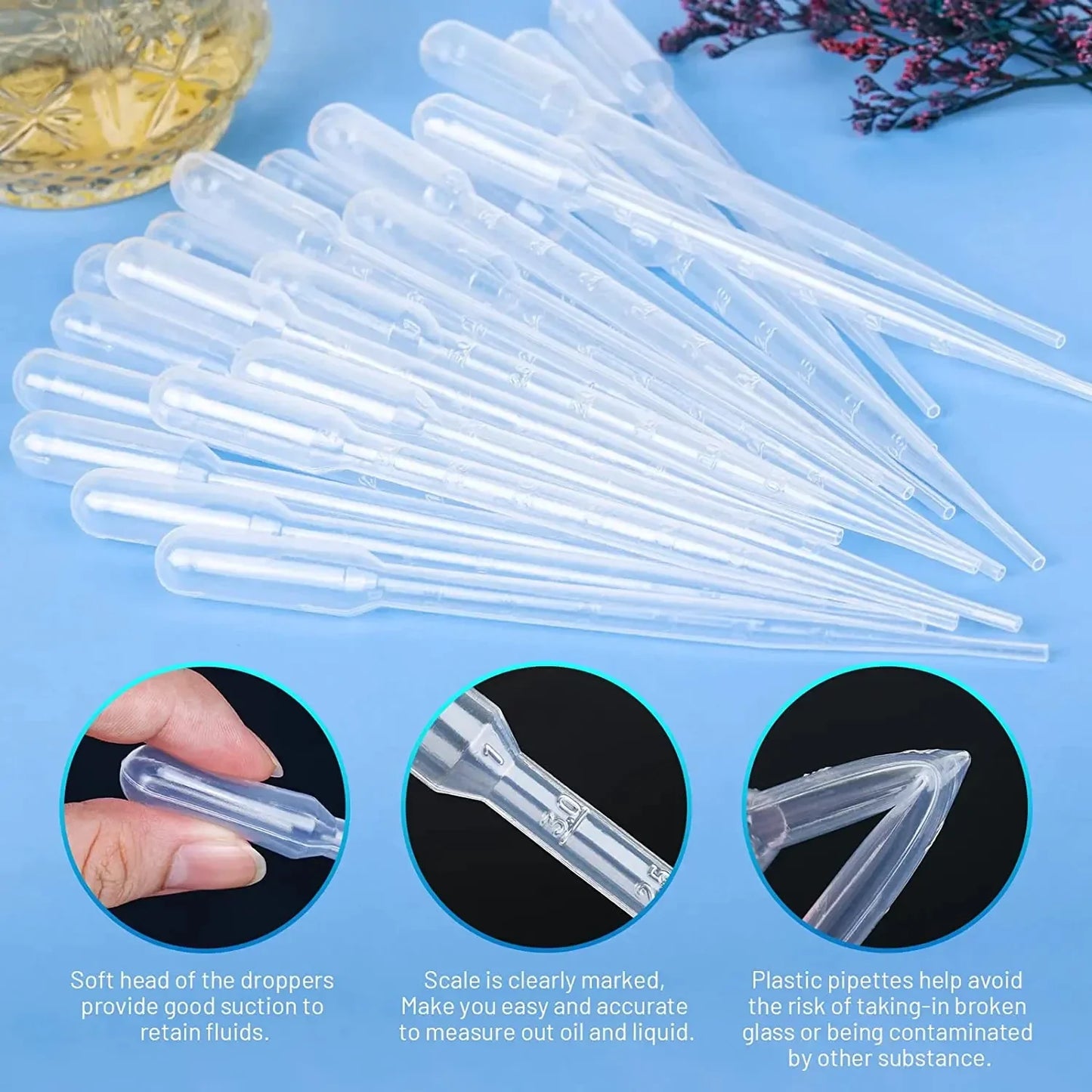 100pcs Laboratory Plastic Pipettes — 1ml, 2ml, 3ml, 5ml Disposable Graduated Droppers for Liquid, Makeup, and Lab Use