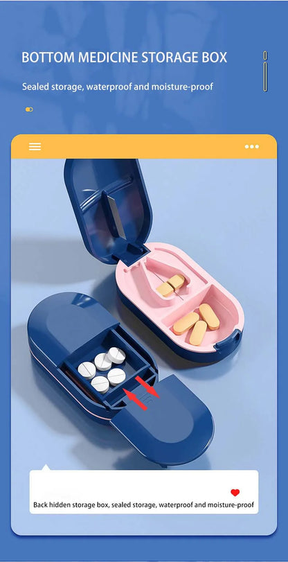 2-in-1 Pill Cutter with Invisible Storage Box – Portable Mini Tablet & Medicine Crusher, Dustproof Divider Organizer