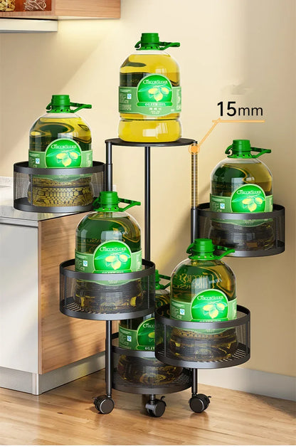 5 Layer Stainless Steel Rotating Shelf - Kitchen & Bathroom Storage Baskets, Fruit & Vegetable Rack with Wheels
