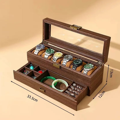 DELESYS Retro Imitation Wood Grain Leather Watch Box — Creative Gift Storage Case for Watches, Glasses & Accessories