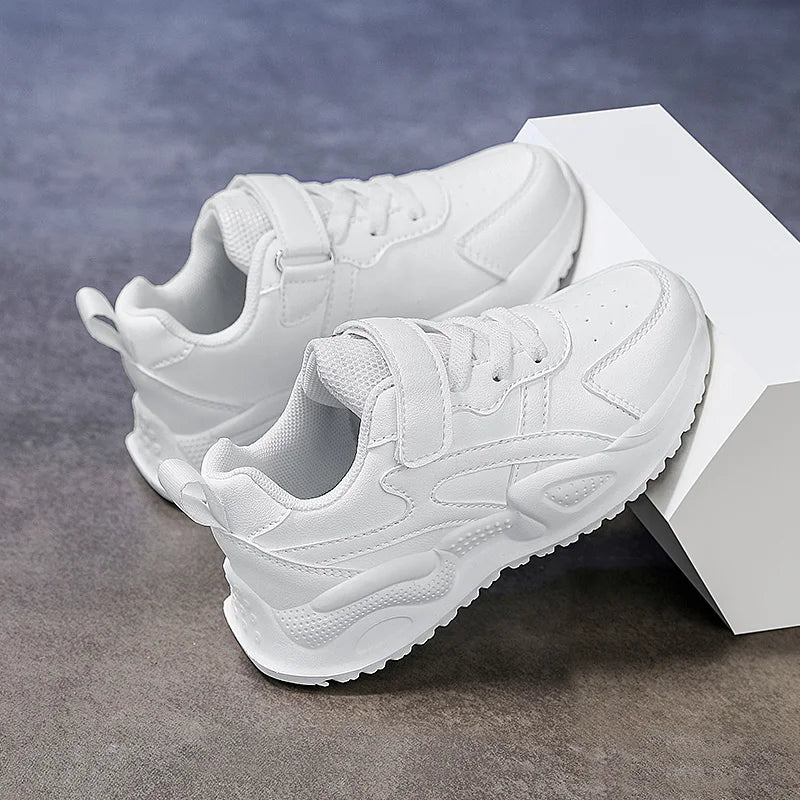White Kids Leather Casual Shoes — Boys & Girls Outdoor Running Sneakers, Breathable Mesh, Non-Slip School Walking Sport Shoes