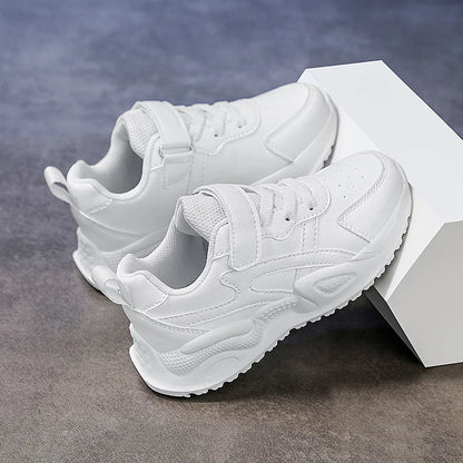 White Kids Leather Casual Shoes — Boys & Girls Outdoor Running Sneakers, Breathable Mesh, Non-Slip School Walking Sport Shoes