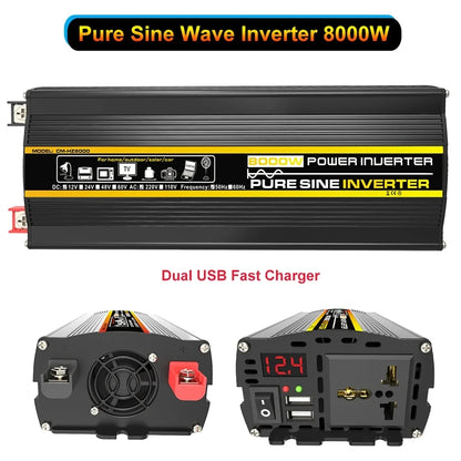 3000W-8000W Pure Sine Wave Power Inverter — DC 12V to AC 220V with Digital Display