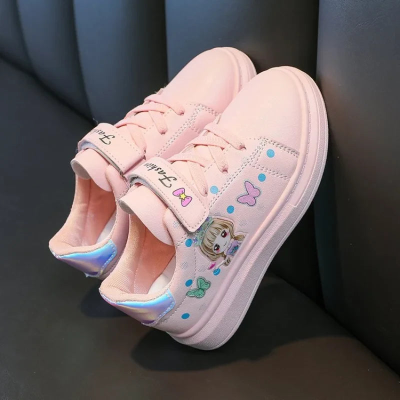 Kids White Leather Sneakers - Casual Spring Shoes for Girls, Soft Board-Style Footwear
