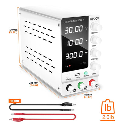 KUAIQU Adjustable DC Power Supply – Lab Bench 30V 10A, 60V 5A, 120V 3A with Preset Current & USB Interface