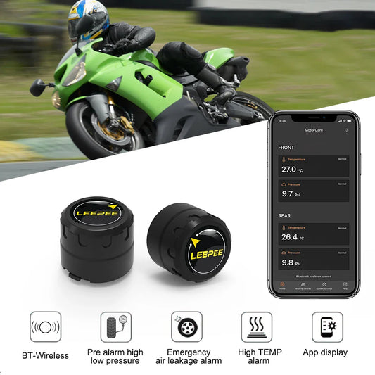 Bluetooth Motorcycle TPMS with 2 Sensors – Tire Pressure Monitoring System for Pit Bike, Tyre Tester Diagnostic Kit Moto Accessories