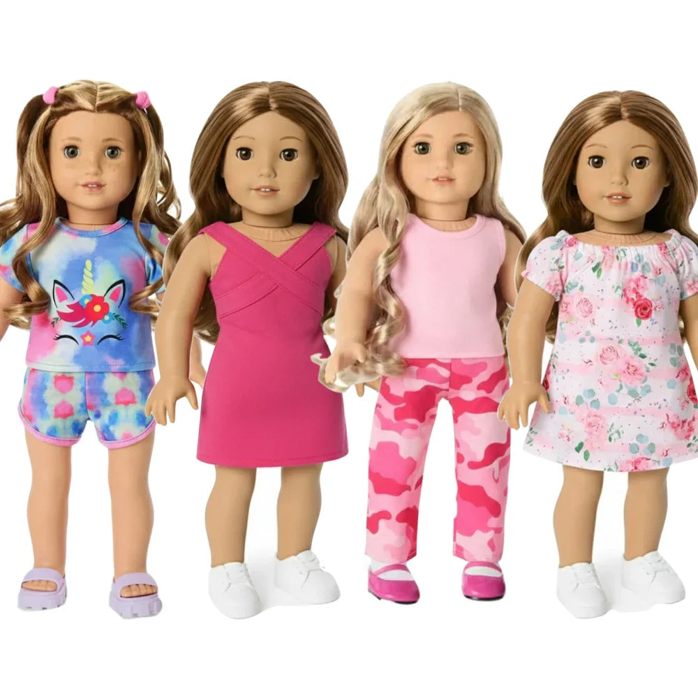 4-Piece Doll Clothes Set – Daily Pretty Dresses, Top & Pants for 43cm Born Baby Dolls & 18-Inch American Dolls, Festival Gift for Girls