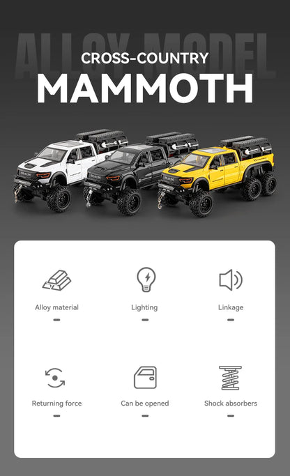 1:24 Dodge Mammoth RAM 1000 TRX 6x6 Diecast Model Car – Metal Alloy Toy with Lights for Kids & Collectors Gift