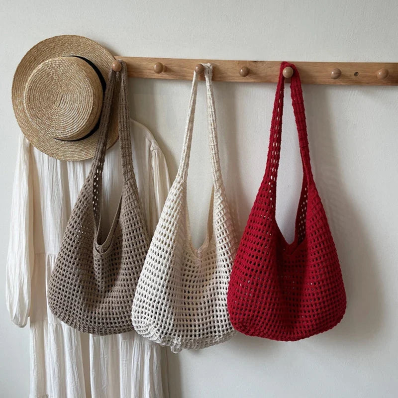 Crochet Shoulder Bag - Summer Woven Hollow Beach Tote for Vacation & Everyday Use