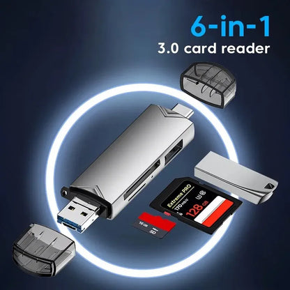 6 in 1 Multifunction USB 3.0 Card Reader: U Disk Type C/Micro USB/TF/SD Flash Drive Memory Card Reading Adapter - Phone Accessories