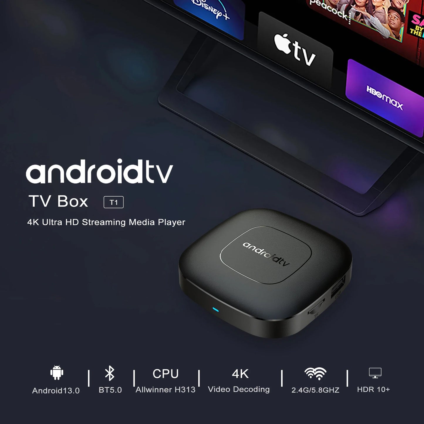 Android 13 Smart Home Theater TV Box – Allwinner H313, Google Assistant, Netflix Streaming, Bluetooth Media Player, 2GB/16GB, 2.4G/5G Wifi, T1