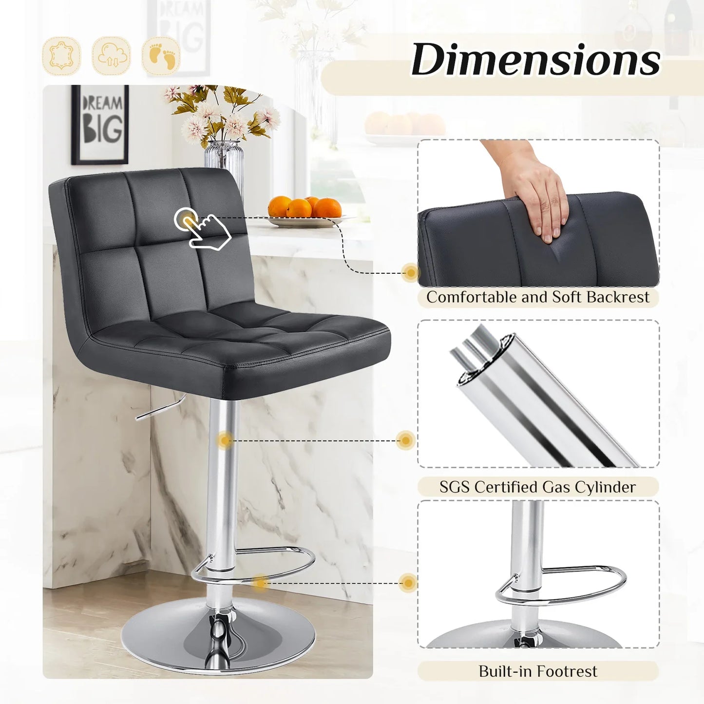 PU Leather Bar Stools Set of 2 – Upholstered Counter Height Stools with Comfortable Backrest, SGS Certified Gas Cylinder