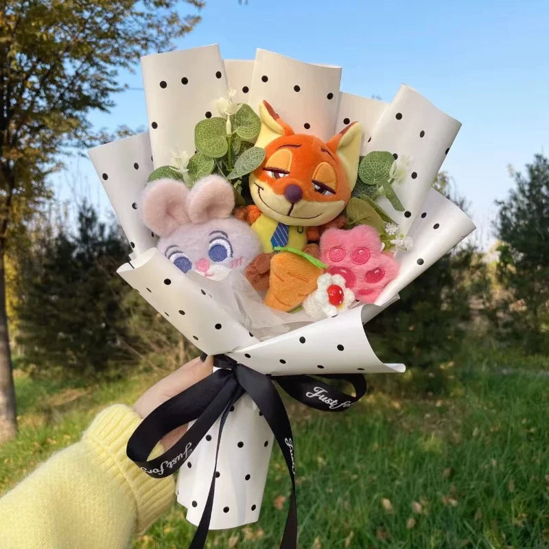 Zootopia Plush Dolls – Judy Hopps & Nick Wilde Handmade Plush Bouquet, Creative Gift for Christmas, Birthday & Valentine’s Day