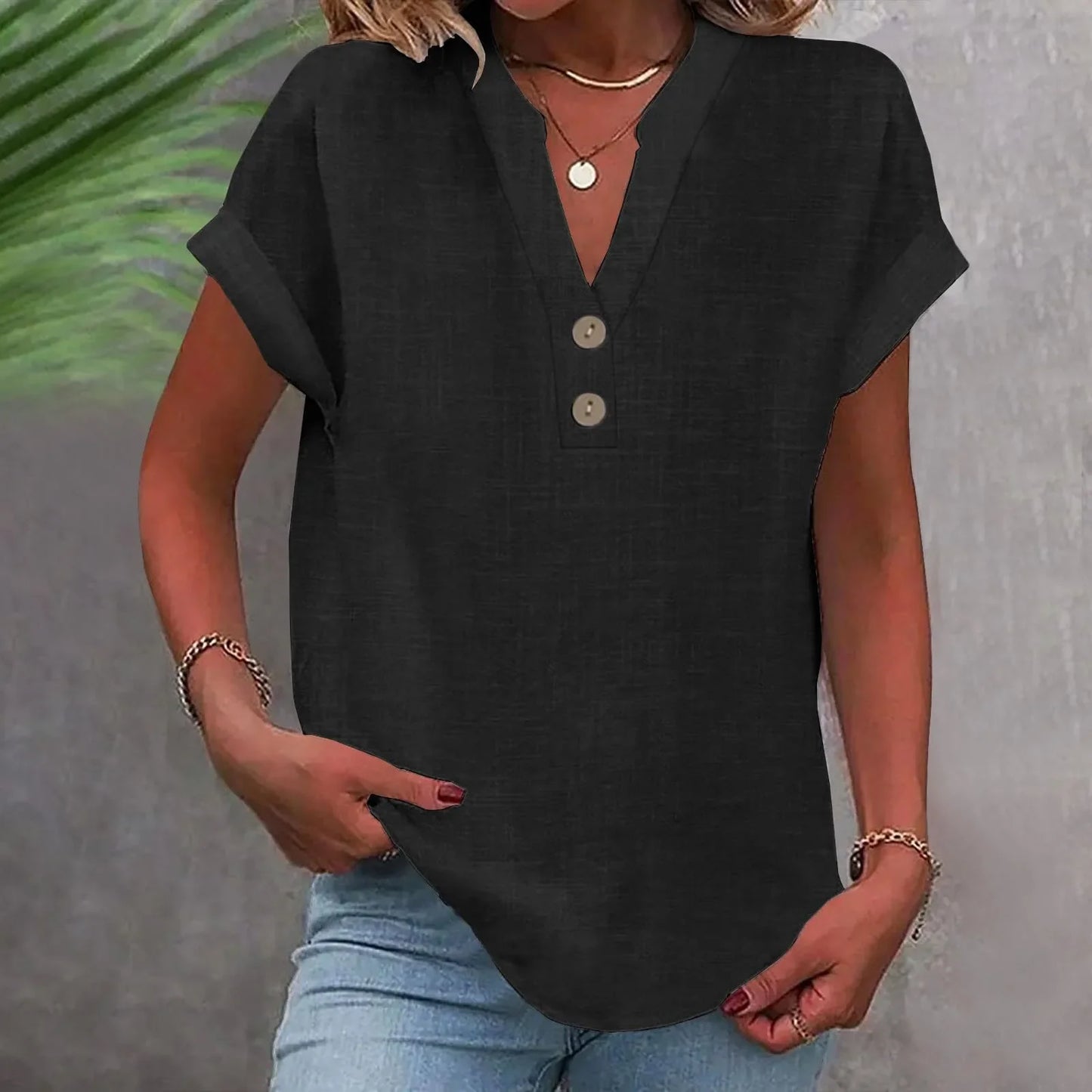 Women’s Summer Cotton Linen V-Neck Button Down Shirt – Breathable Casual Office Top in Solid Colors